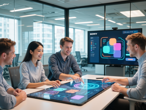 Technology team members working together in modern office environment with multiple monitors and blue background